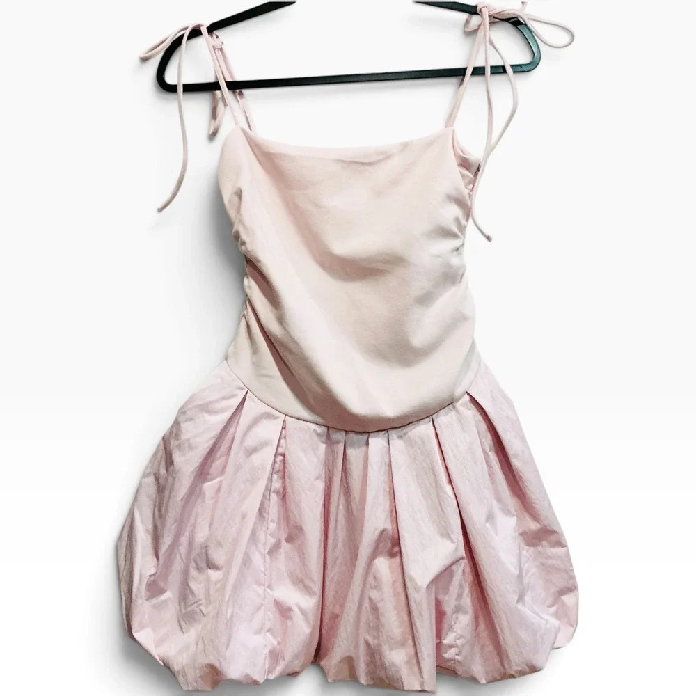 Free People Genevieve Mini Dress Pink Bubble Skirt Tie Shoulder XS Balletcore